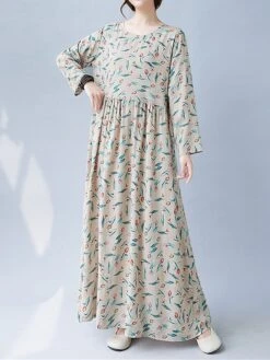 Women's Casual Dress Linen Dress Swing Dress Maxi Long Dress Linen Fashion Modern Outdoor Daily Holiday Crew Neck Print Long Sleeve Fall Winter Autumn 2023 Loose Fit Apricot Flower L XL 2XL -HAYz Clothing Shop wflftz1693553168603