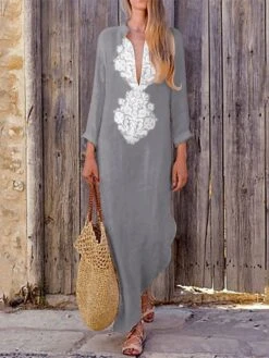 Women's Casual Dress Cotton Linen Dress Shift Dress Maxi Long Dress Cotton Blend Basic Casual Outdoor Daily Vacation V Neck Print Long Sleeve Summer Spring Fall 2023 Loose Fit Yellow Sky Blue Khaki -HAYz Clothing Shop wfmaeu1677659055715