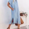 Women‘s Denim Dress Midi Dress Blue Short Sleeve Pure Color Patchwork Spring Summer Shirt Collar 2023 S M L XL 2XL