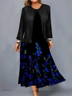 Women's Plus Size Curve Casual Dress Dress Set Two Piece Dress Floral Midi Dress Long Sleeve Print Crew Neck Mature Outdoor Yellow Red Fall Winter L XL XXL 3XL 4XL