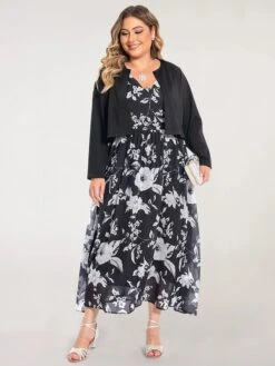 Women‘s Plus Size Curve Two Piece Dress Set Casual Dress Chiffon Dress Outdoor Daily Fashion Elegant Print Long Dress Maxi Dress V Neck Long Sleeve Floral Regular Fit Black Summer Spring