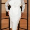 Women's Plus Size Curve Party Dress Lace Dress Bodycon Plain Midi Dress Long Sleeve Lace Bow Crew Neck Fashion Party White Fall Winter XL XXL 3XL 4XL