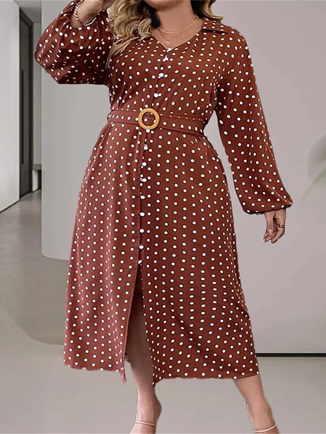 Women's Plus Size Curve Casual Dress Winter Dress Sheath Dress Polka Dot Midi Dress Long Sleeve Lace Up Ruched V Neck Fashion Outdoor Brown Fall Winter L XL XXL 3XL 4XL 4 Women's Plus Size Curve Casual Dress Winter Dress Sheath Dress Polka Dot Midi Dress Long Sleeve Lace Up Ruched V Neck Fashion Outdoor Brown Fall Winter L XL XXL 3XL 4XL - Image 4