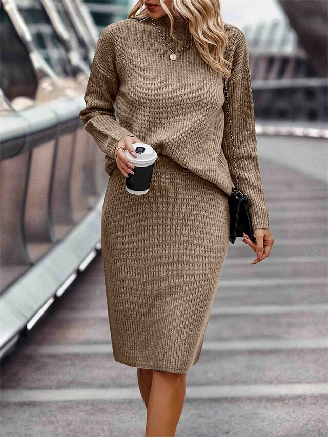 Women's Two Piece Dress Set Casual Dress Skirt Set Outdoor Daily Fashion Streetwear Ribbed Midi Dress Stand Collar Long Sleeve Plain Loose Fit Khaki Gray Fall Winter S M L XL XXL 5 Women's Two Piece Dress Set Casual Dress Skirt Set Outdoor Daily Fashion Streetwear Ribbed Midi Dress Stand Collar Long Sleeve Plain Loose Fit Khaki Gray Fall Winter S M L XL XXL - Image 5