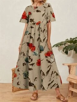 Women's Casual Dress Cotton Linen Dress Swing Dress Maxi Long Dress Cotton Blend Basic Casual Outdoor Daily Vacation Crew Neck Ruched Print Short Sleeve Summer Spring 2023 Loose Fit Green Khaki Flower -HAYz Clothing Shop wfsroe1676517652181