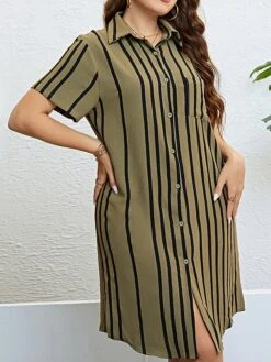 Women‘s Plus Size Curve Shirt Dress Casual Dress Shift Dress Midi Dress Outdoor Daily Vacation Polyester Fashion Modern Shirt Collar Button Pocket Short Sleeve Summer Spring 2023 Regular Fit -HAYz Clothing Shop wfvkdf1691465820272