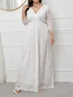 Women's Plus Size Curve Party Dress Lace Dress Formal Dress Solid Color Long Dress Maxi Dress 3/4 Length Sleeve Lace V Neck Fashion Wedding Black White Spring Fall XL XXL 3XL 4XL 5XL -HAYz Clothing Shop wfxtmp1693533322210