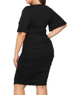Women's Plus Size Curve Work Dress Bodycon Sheath Dress Plain Midi Dress Short Sleeve Ruched V Neck Fashion Office Black Royal Blue Fall Winter L XL XXL 3XL 4XL -HAYz Clothing Shop wfxwzv1694151474890