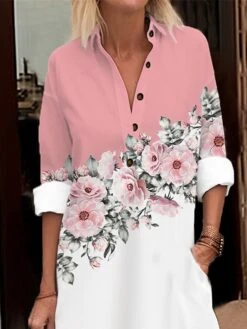 Women's Shirt Dress Casual Dress Cotton Linen Dress Midi Dress Polyester Fashion Casual Daily Outdoor Daily Vacation Shirt Collar Button Pocket 3/4 Length Sleeve Spring Fall Autumn 2023 Loose Fit Pink -HAYz Clothing Shop wfytyv1693904110340