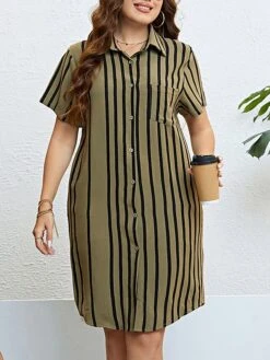 Women‘s Plus Size Curve Shirt Dress Casual Dress Shift Dress Midi Dress Outdoor Daily Vacation Polyester Fashion Modern Shirt Collar Button Pocket Short Sleeve Summer Spring 2023 Regular Fit -HAYz Clothing Shop wgapll1691465821139