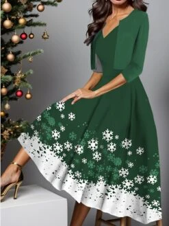 Women's Two Piece Dress Set Casual Dress Swing Dress Outdoor Christmas Fashion Elegant Print Midi Dress V Neck Half Sleeve Snowflake Regular Fit Wine Dark Green Green Fall Winter S M L XL XXL -HAYz Clothing Shop wgdskw1697181062580