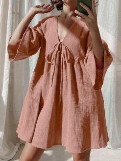 Women's Casual Dress Cotton Dress Swing Dress Mini Dress Cotton Fashion Modern Outdoor Daily Holiday V Neck Lace Up Ruched 3/4 Length Sleeve Fall Winter Autumn 2023 Loose Fit Light Green Blue Purple 28 Women's Casual Dress Cotton Dress Swing Dress Mini Dress Cotton Fashion Modern Outdoor Daily Holiday V Neck Lace Up Ruched 3/4 Length Sleeve Fall Winter Autumn 2023 Loose Fit Light Green Blue Purple -HAYz Clothing Shop wgewcy1692961108140