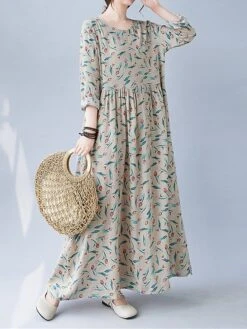 Women's Casual Dress Linen Dress Swing Dress Maxi Long Dress Linen Fashion Modern Outdoor Daily Holiday Crew Neck Print Long Sleeve Fall Winter Autumn 2023 Loose Fit Apricot Flower L XL 2XL -HAYz Clothing Shop wgipns1693553156920