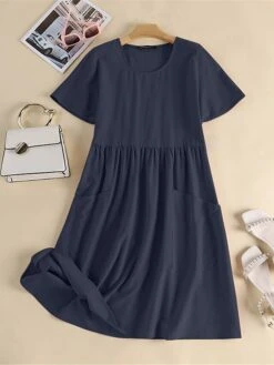Women's Casual Dress Cotton Linen Dress Midi Dress Linen / Cotton Blend Basic Classic Outdoor Daily Vacation Crew Neck Pocket Short Sleeve Summer Spring 2023 Regular Fit Pink Navy Blue Brown Plain S -HAYz Clothing Shop wgzxqv1691067952261