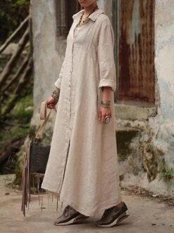 Women's Shirt Dress Casual Dress Cotton Linen Dress Maxi Long Dress Linen / Cotton Blend Basic Classic Outdoor Daily Vacation Shirt Collar Button Split Long Sleeve Summer Spring Fall 2023 Loose Fit -HAYz Clothing Shop whfpsj1692084506410