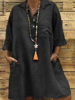 Women‘s Plus Size Curve Casual Dress Solid Color Shirt Collar 3/4 Length Sleeve Fall Spring Casual Classic Mini Dress Daily Vacation Dress -HAYz Clothing Shop whiccg1672022972945