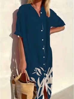 Women's Shirt Dress Casual Dress Midi Dress Outdoor Office Daily Polyester Fashion Modern Shirt Collar Button Print 3/4 Length Sleeve Summer Spring Fall 2023 Loose Fit Wine Navy Blue Blue Leaf S M L