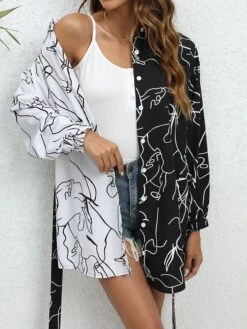 Women's Shirt Dress Casual Dress Mini Dress Outdoor Daily Vacation Polyester Fashion Modern Shirt Collar Lace Up Button Long Sleeve Spring Fall Winter 2023 Loose Fit White Abstract Portrait S M L XL -HAYz Clothing Shop whoecu1692352090887