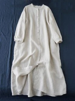 Women's Shirt Dress Casual Dress Cotton Linen Dress Midi Dress Linen / Cotton Blend Basic Classic Outdoor Daily Vacation Stand Collar Button 3/4 Length Sleeve Spring Fall Autumn 2023 Loose Fit Blue