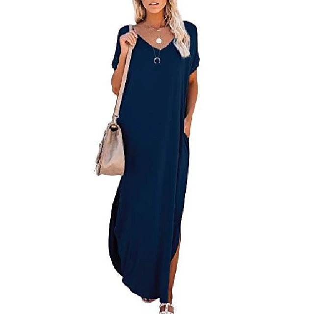 Women's T Shirt Dress Tee Dress Long Dress Maxi Dress Wine Red Green Black Short Sleeve Pure Color Pocket Spring Summer V Neck S M L XL 2XL 3XL 4XL 5XL 2 Women's T Shirt Dress Tee Dress Long Dress Maxi Dress Wine Red Green Black Short Sleeve Pure Color Pocket Spring Summer V Neck S M L XL 2XL 3XL 4XL 5XL - Image 2