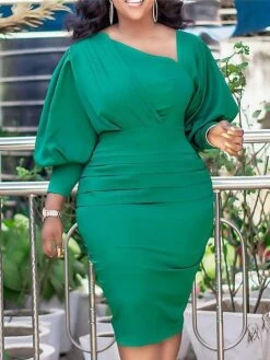 Women‘s Plus Size Curve Holiday Dress Solid Color V Neck Ruched Long Sleeve Fall Winter Work Knee Length Dress Work Weekend Dress