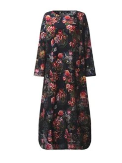 Women's Casual Dress Cotton Linen Dress Loose Dress Maxi Long Dress Linen / Cotton Blend Daily Stylish Outdoor Daily Vacation Crew Neck Print Long Sleeve Spring Fall Winter 2023 Loose Fit Wine Red -HAYz Clothing Shop widctn1695014791349