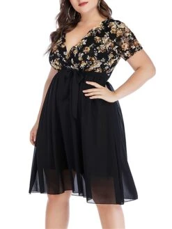 Women‘s Plus Size Curve Party Dress Cocktail Dress Wedding Guest Dress Midi Dress Black Wine Short Sleeve Floral Lace Up Summer Spring Fall V Neck Fashion Birthday Wedding Guest Vacation 2023