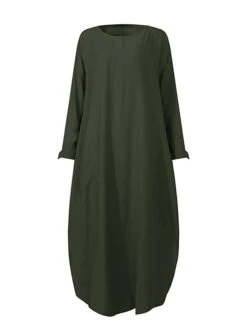 Women's Casual Dress Cotton Linen Dress Abaya Maxi Long Dress Linen / Cotton Blend Classic Casual Outdoor Daily Vacation Crew Neck Pocket Split Long Sleeve Spring Fall Winter 2023 Loose Fit ArmyGreen -HAYz Clothing Shop wiquym1692340974054