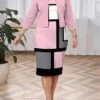 Women's Plus Size Curve Casual Dress Dress Set Two Piece Dress Geometric Plaid Midi Dress Long Sleeve Print Crew Neck Fashion Outdoor Pink Fall Winter L XL XXL 3XL 4XL