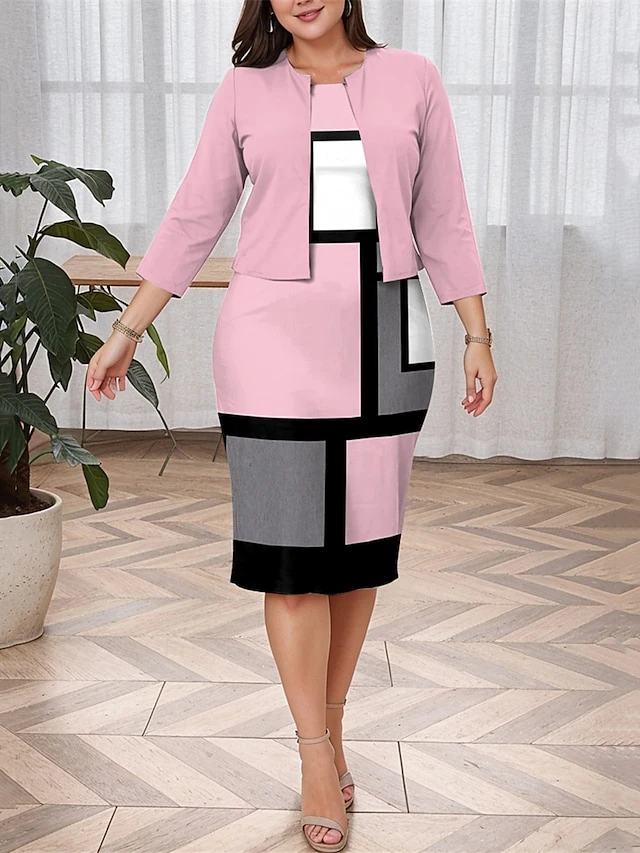 Women's Plus Size Curve Casual Dress Dress Set Two Piece Dress Geometric Plaid Midi Dress Long Sleeve Print Crew Neck Fashion Outdoor Pink Fall Winter L XL XXL 3XL 4XL 1 Women's Plus Size Curve Casual Dress Dress Set Two Piece Dress Geometric Plaid Midi Dress Long Sleeve Print Crew Neck Fashion Outdoor Pink Fall Winter L XL XXL 3XL 4XL