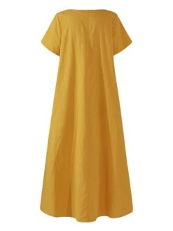 Women's Casual Dress Cotton Linen Dress Maxi Long Dress Cotton Blend Basic Classic Outdoor Daily Vacation Crew Neck Ruched Short Sleeve Summer Spring 2023 Loose Fit Black Yellow Pink Plain S M L XL -HAYz Clothing Shop wiwllh1688634900407