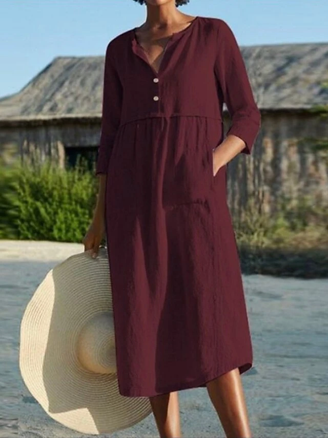 Women's Cotton Linen Dress Shift Dress A Line Dress Maxi Long Dress Linen Cotton Blend Hot Casual Daily Vacation Shirt Collar Pocket 3/4 Length Sleeve Summer Spring Linen Loose Fit Black Pink Wine 4 Women's Cotton Linen Dress Shift Dress A Line Dress Maxi Long Dress Linen Cotton Blend Hot Casual Daily Vacation Shirt Collar Pocket 3/4 Length Sleeve Summer Spring Linen Loose Fit Black Pink Wine - Image 4