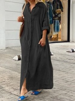 Women's Casual Dress Cotton Linen Dress Black Dress Maxi Long Dress Linen / Cotton Blend Fashion Daily Outdoor Daily Vacation Stand Collar Button Pocket Long Sleeve Fall Autumn 2023 Loose Fit Black -HAYz Clothing Shop wjjyoc1692947488222