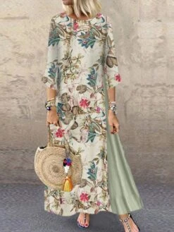 Women's Plus Size Holiday Dress Floral Crew Neck Print 3/4 Length Sleeve Fall Spring Casual Maxi Long Dress Causal Daily Dress / Linen -HAYz Clothing Shop wjsonp1631504231761