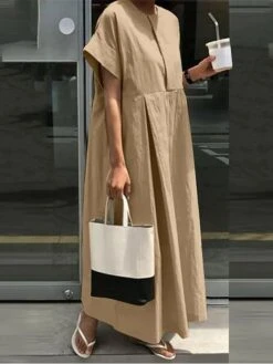 Women's Casual Dress Cotton Linen Dress Maxi Long Dress Linen / Cotton Blend Basic Classic Outdoor Daily Vacation Crew Neck Ruched Short Sleeve Summer Spring Fall 2023 Loose Fit ArmyGreen Navy Blue