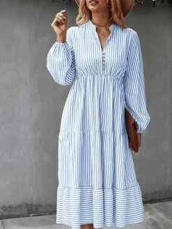 Women's Casual Dress Cotton Linen Dress Swing Dress Midi Dress Polyester Fashion Modern Outdoor Daily Vacation Split Neck Ruffle Button Long Sleeve Fall Winter Autumn 2023 Regular Fit Light Green -HAYz Clothing Shop wkvegh1691462576912