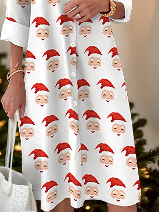 Women's Shirt Dress Casual Dress Midi Dress Outdoor Daily Date Polyester Fashion Modern Shirt Collar Button Pocket Long Sleeve Fall Winter 2023 Loose Fit White Santa Claus S M L XL 2XL 3 Women's Shirt Dress Casual Dress Midi Dress Outdoor Daily Date Polyester Fashion Modern Shirt Collar Button Pocket Long Sleeve Fall Winter 2023 Loose Fit White Santa Claus S M L XL 2XL - Image 3