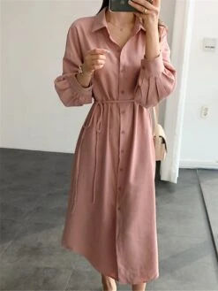 Women's Shirt Dress Casual Dress Cotton Linen Dress Midi Dress Cotton Blend Basic Classic Outdoor Daily Vacation Shirt Collar Button Long Sleeve Spring Fall Autumn 2023 Loose Fit Pink Plain S M L XL -HAYz Clothing Shop wllukp1693226480195
