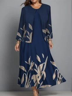 Women's Plus Size Two Piece Dress Set Casual Dress Swing Dress Outdoor Office Fashion Streetwear Print Midi Dress Crew Neck Long Sleeve Floral Regular Fit Burgundy Navy Blue Blue Fall Winter L XL XXL -HAYz Clothing Shop wllzpi1697003813233