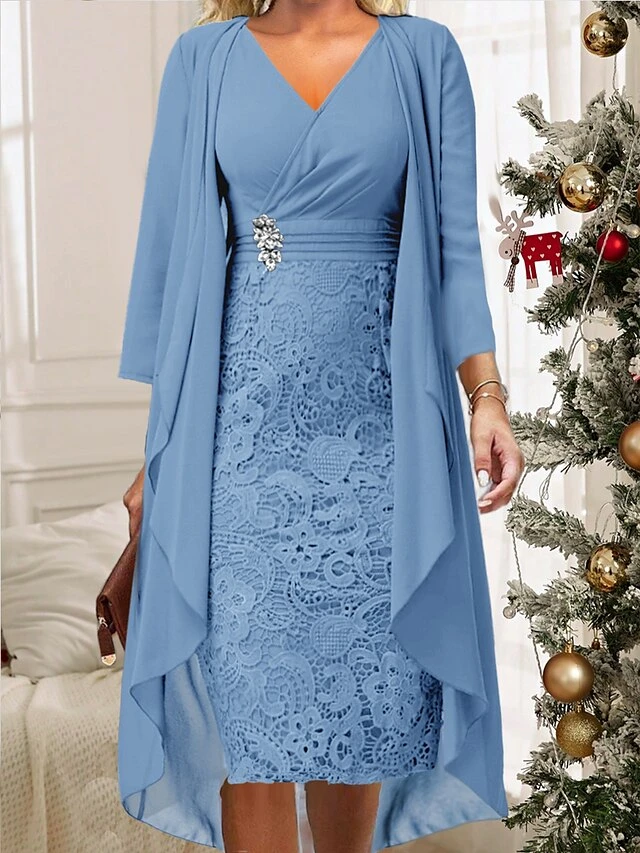 Women's Two Piece Dress Set Casual Dress Lace Dress Outdoor Daily Fashion Elegant Lace Patchwork Midi Dress V Neck Long Sleeve Plain Regular Fit Wine Blue Sky Blue Fall Winter S M L XL XXL 2 Women's Two Piece Dress Set Casual Dress Lace Dress Outdoor Daily Fashion Elegant Lace Patchwork Midi Dress V Neck Long Sleeve Plain Regular Fit Wine Blue Sky Blue Fall Winter S M L XL XXL - Image 2