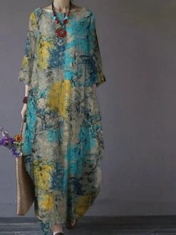 Women's Plus Size Curve Shift Dress Graphic Round Neck Print 3/4 Length Sleeve Fall Spring Basic Casual Maxi Long Dress Vacation Weekend Dress -HAYz Clothing Shop wlxbmn1635933600914