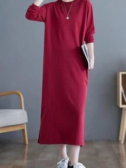 Women's Casual Dress Cotton Linen Dress T Shirt Dress Tee Dress Midi Dress Polyester Basic Classic Outdoor Daily Vacation Crew Neck Pocket 3/4 Length Sleeve Fall Autumn 2023 Loose Fit ArmyGreen Black -HAYz Clothing Shop wlzima1693366309330
