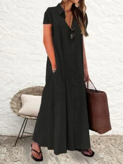 Women's Shirt Dress Casual Dress Cotton Linen Dress Maxi Long Dress Cotton Casual Daily Casual Daily Vacation Weekend Shirt Collar Button Pocket Short Sleeve Summer Spring 2023 Loose Fit Black Wine -HAYz Clothing Shop wmokfl1689937041478