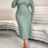 Women's Plus Size Curve Casual Dress Winter Dress Bodycon Solid Color Midi Dress Long Sleeve Ruched V Neck Fashion Outdoor Green Fall Winter XL XXL 3XL