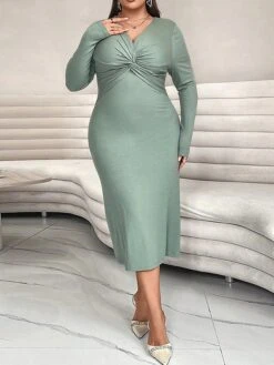 Women's Plus Size Curve Casual Dress Winter Dress Bodycon Solid Color Midi Dress Long Sleeve Ruched V Neck Fashion Outdoor Green Fall Winter XL XXL 3XL