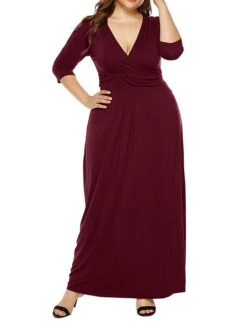 Women's Plus Size Curve Party Dress Swing Dress Formal Dress Plain Long Dress Maxi Dress 3/4 Length Sleeve Ruched Crew Neck Fashion Party Black Wine Fall Winter L XL XXL 3XL -HAYz Clothing Shop wmpyta1694151474837