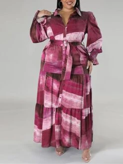 Women's Plus Size Curve Work Dress Swing Dress Semi Formal Dress Fashion Long Dress Maxi Dress Lace Up Print Shirt Collar Long Sleeve Print Yellow Royal Blue Blue Spring Fall XL XXL 3XL 4XL 5XL -HAYz Clothing Shop wmtiap1692847946526