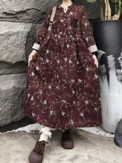 Women's Casual Dress Cotton Linen Dress Swing Dress Maxi Long Dress Linen Cotton Blend Daily Casual Outdoor Daily Vacation Split Neck Button Print Long Sleeve Spring Fall Winter 2023 Loose Fit Wine -HAYz Clothing Shop wmvgql1695284232336