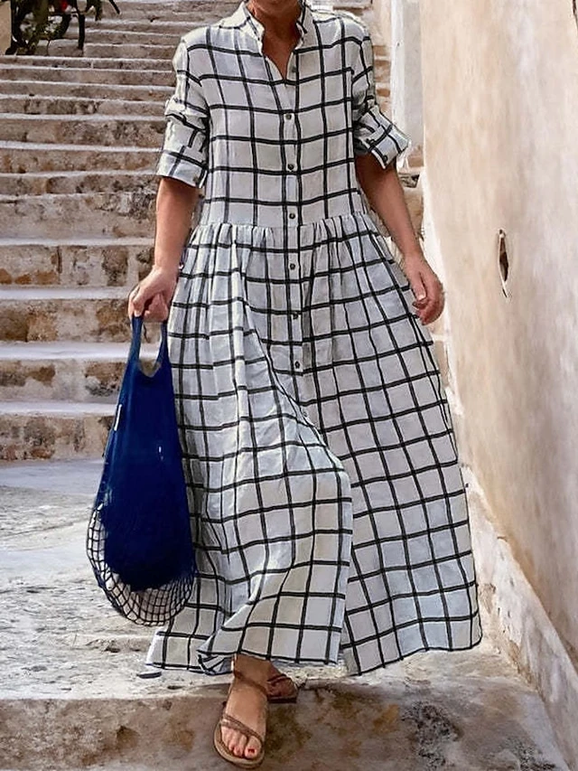 Women's Shirt Dress Casual Dress Swing Dress Maxi Long Dress Outdoor Daily Date Polyester Fashion Modern Shirt Collar Button Print Long Sleeve Fall Winter 2023 Loose Fit Black Blue Khaki Plaid S M L 2 Women's Shirt Dress Casual Dress Swing Dress Maxi Long Dress Outdoor Daily Date Polyester Fashion Modern Shirt Collar Button Print Long Sleeve Fall Winter 2023 Loose Fit Black Blue Khaki Plaid S M L - Image 2