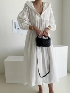 Women's Casual Dress Cotton Linen Dress Swing Dress Maxi Long Dress Linen / Cotton Blend Fashion Basic Outdoor Daily Vacation Hooded Ruched Pocket Long Sleeve Fall Winter Autumn 2023 Loose Fit Black -HAYz Clothing Shop wmxosy1693553167407